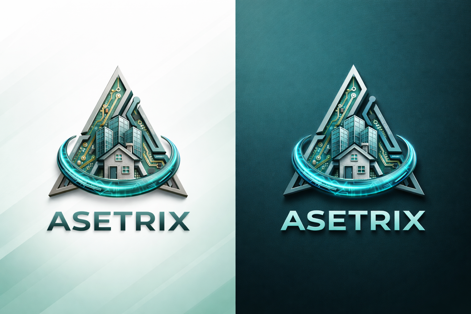 Asetrix Logo — 3D detailed version, light and dark backgrounds